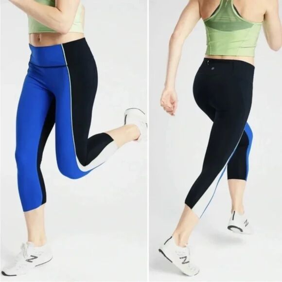 ATHLETA Size Large Velocity Colorblock Capri Leggings Running Pockets Blue - Picture 1 of 8